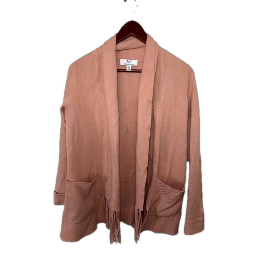 Magaschoni Open Front Cardigan Womens Small Pink Fringe Shawl Collar Pocket